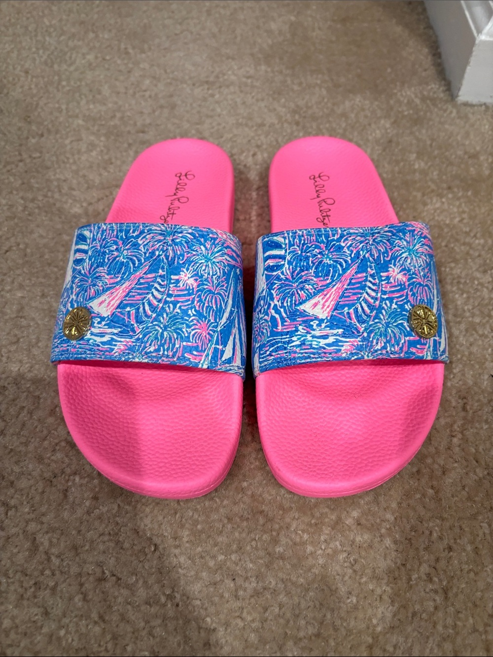 Lilly Pulitzer Pink Footbed with Blue Tropical Strap Slides